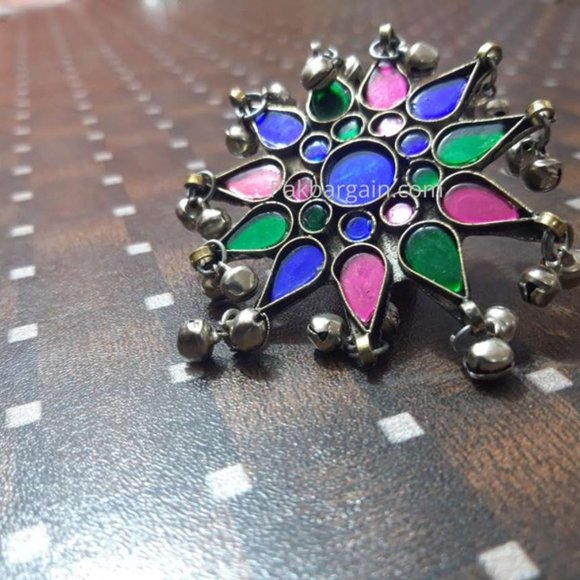 Glass Stone Ring With Dangling Silver Bells, Afghan Ethnic Ring, Massive Ring - Picture 5 of 5